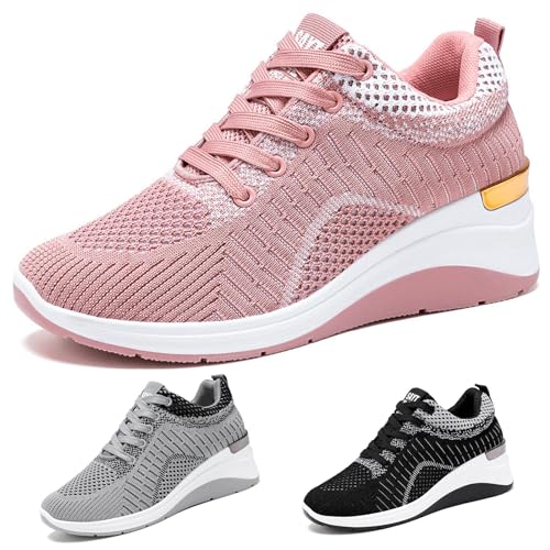 Galonfulty Damen Gestrickte Mesh Wedge Schnürschuhe Sportschuhe mit Fußgewölbeunterstützung Bequeme Erhöhte Dicke Lässige Orthopädische Walkingschuhe Outdoor rutschfeste Leichte Laufschuhe von Galonfulty