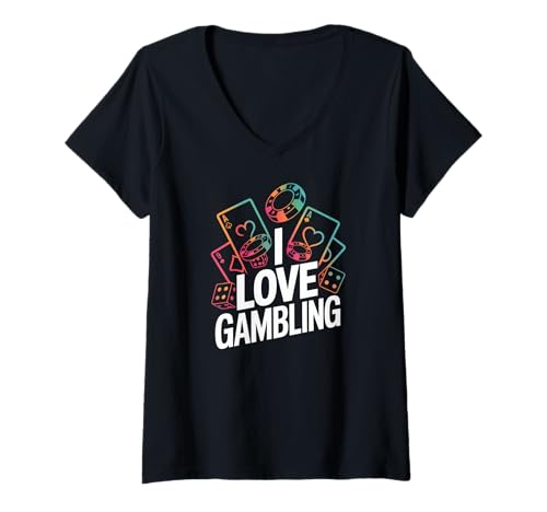Damen I Love Gambling Casino Poker Chips Würfelkarten T-Shirt mit V-Ausschnitt von Gambling Casino Poker Dice Chips Cards