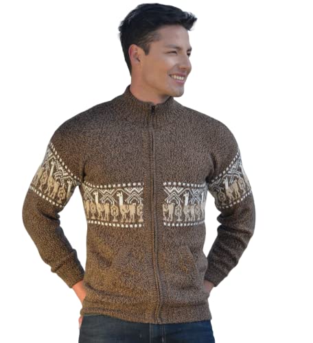 Gamboa - 100% Alpaka Rollkragenpullover mit Reißverschluss -Lamas Design, Braun, XL von Gamboa