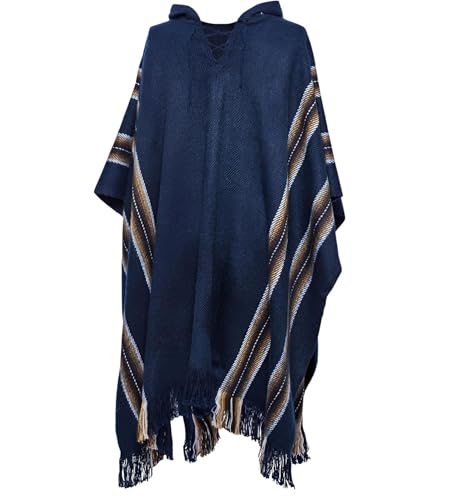 Gamboa - Warm und Weich Alpaka poncho mit Kapuze für Männer - Rustikales Design mit braunen und natürlichen vertikalen Streifen. Mit Schnürung und Fransen, Blau, Einheitsgröße von Gamboa