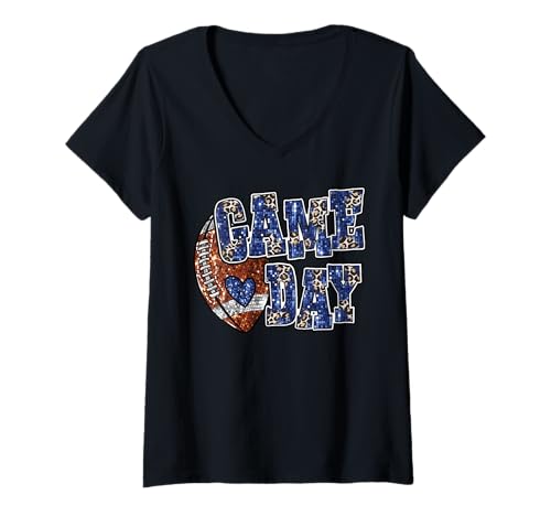Damen Game Day Leopard Fußball Bling Bling Fußball Liebhaber T-Shirt mit V-Ausschnitt Damen Game Day Leopard Fußball Bling Bling Fußball Liebhaber T-Shirt mit V-Ausschnitt von Game Day Football Touchdown Season Coquette Bow