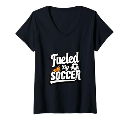 Damen Angetrieben von Soccer Flame Graphic Funny Sports T-Shirt mit V-Ausschnitt Damen Angetrieben von Soccer Flame Graphic Funny Sports T-Shirt mit V-Ausschnitt von Game Day Fuel Designs