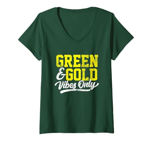 Damen Green & Gold Vibes Only Game Day Highschool-Fußballgruppe T-Shirt mit V-Ausschnitt von Game Day Group Design for Team Sports Fan