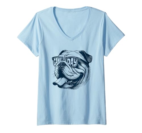 Damen Game-Day Bulldogge | Lustiges Retro Sport Fan Hund T-Shirt mit V-Ausschnitt von Game-Day Spirit Sportswear
