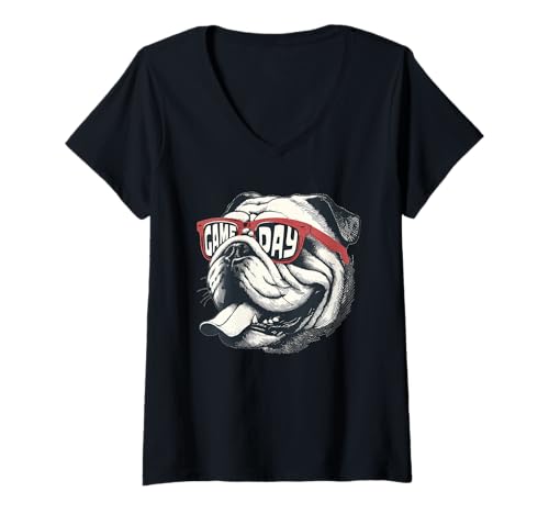 Damen Game Day Bulldogge | Lustiges Retro Sport Fan Hund T-Shirt mit V-Ausschnitt Damen Game Day Bulldogge | Lustiges Retro Sport Fan Hund T-Shirt mit V-Ausschnitt von Game Day Spirit Sportswear