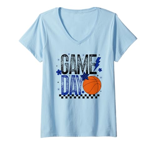 Damen Basketball Game Day Retro Mädchen Basketball Mama Blau & Schwarz T-Shirt mit V-Ausschnitt von Game Day T-Shirt Co.