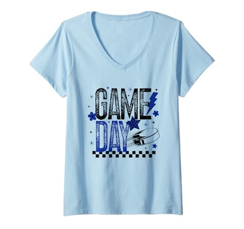 Damen Eishockey Game Day Hockey Mom Retro Blau & Schwarz kariert T-Shirt mit V-Ausschnitt von Game Day T-Shirt Co.