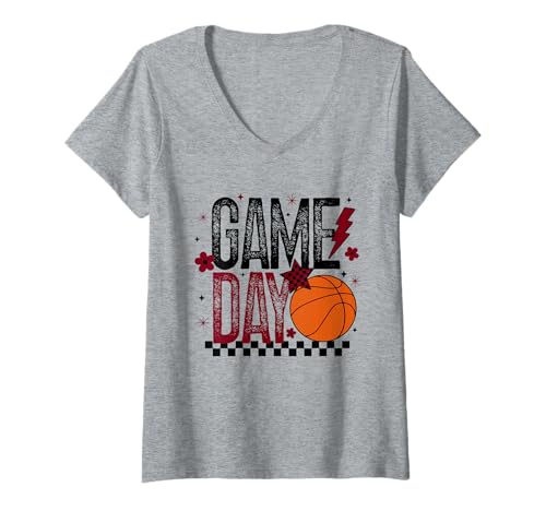 Damen Game Day Basketball Season Retro Kastanienbraun schwarz kariert Tipoff T-Shirt mit V-Ausschnitt von Game Day T-Shirt Co.