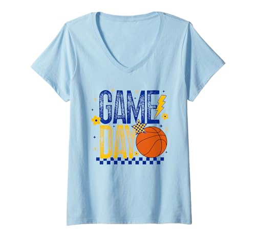 Damen Game Day Basketball Season Retro Tipoff Blau Gold Kariert T-Shirt mit V-Ausschnitt Damen Game Day Basketball Season Retro Tipoff Blau Gold Kariert T-Shirt mit V-Ausschnitt von Game Day T-Shirt Co.
