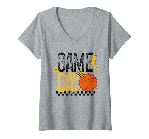 Damen Game Day Basketball Season Retro Tipoff Schwarz Gold Kariert T-Shirt mit V-Ausschnitt Damen Game Day Basketball Season Retro Tipoff Schwarz Gold Kariert T-Shirt mit V-Ausschnitt von Game Day T-Shirt Co.