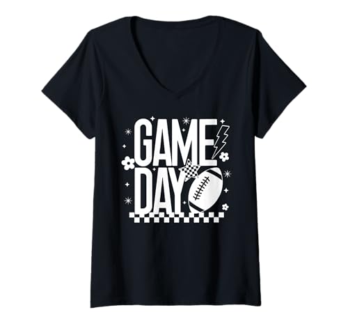 Damen Game Day Football Season Mom, Karierter Blitz im Retro-Look T-Shirt mit V-Ausschnitt von Game Day T-Shirt Co.