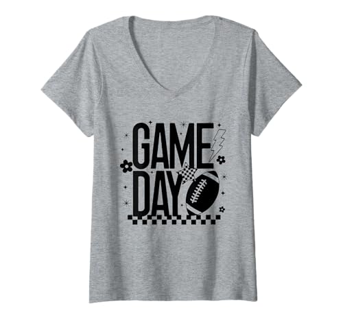 Damen Game Day Football Season Mom, Karierter Blitz im Retro-Look T-Shirt mit V-Ausschnitt Damen Game Day Football Season Mom, Karierter Blitz im Retro-Look T-Shirt mit V-Ausschnitt von Game Day T-Shirt Co.