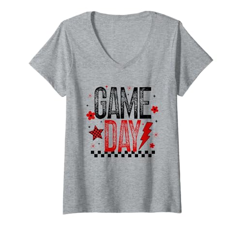 Damen Game Day Football Season Mom, Retro-Design, Rot/Schwarz, kariert T-Shirt mit V-Ausschnitt von Game Day T-Shirt Co.