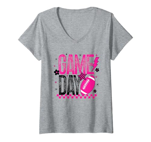 Damen Game Day Football Season Retro Girly Pink Touchdown Oktober T-Shirt mit V-Ausschnitt von Game Day T-Shirt Co.