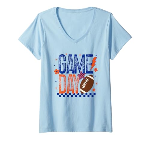 Damen Game Day Fußball Saison Retro Blau Orange Checker Touchdown T-Shirt mit V-Ausschnitt Damen Game Day Fußball Saison Retro Blau Orange Checker Touchdown T-Shirt mit V-Ausschnitt von Game Day T-Shirt Co.