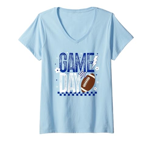 Damen Game Day Fußball Saison Retro Kariert Blau Weiß Touchdown T-Shirt mit V-Ausschnitt Damen Game Day Fußball Saison Retro Kariert Blau Weiß Touchdown T-Shirt mit V-Ausschnitt von Game Day T-Shirt Co.