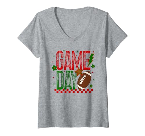 Damen Game Day Fußball Saison Retro Kariert Rot Grün Touchdown T-Shirt mit V-Ausschnitt Damen Game Day Fußball Saison Retro Kariert Rot Grün Touchdown T-Shirt mit V-Ausschnitt von Game Day T-Shirt Co.