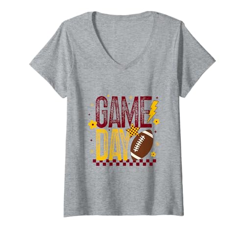 Damen Game Day Fußball Saison Retro Kastanienbraun Gold Kariert Touchdown T-Shirt mit V-Ausschnitt von Game Day T-Shirt Co.