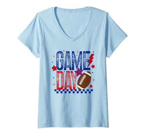Damen Game Day Fußballsaison Retro Blau und Rot Touchdown Geschenk T-Shirt mit V-Ausschnitt Damen Game Day Fußballsaison Retro Blau und Rot Touchdown Geschenk T-Shirt mit V-Ausschnitt von Game Day T-Shirt Co.