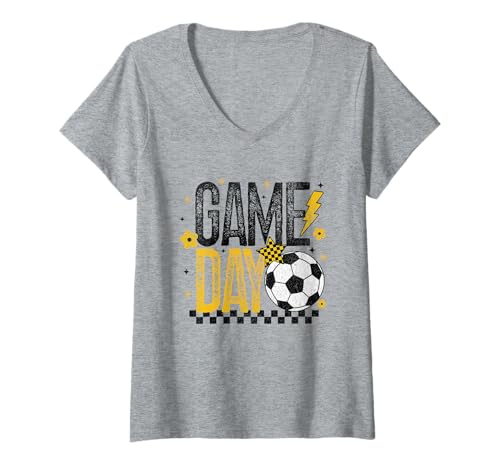 Damen Game Day Retro-Fußball-Saison Schwarz & Gelbgold Touchdown T-Shirt mit V-Ausschnitt Damen Game Day Retro-Fußball-Saison Schwarz & Gelbgold Touchdown T-Shirt mit V-Ausschnitt von Game Day T-Shirt Co.