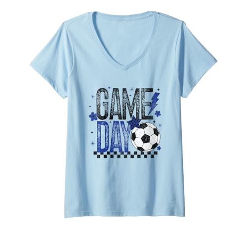 Damen Game Day Retro-Fußballsaison, kariert, schwarz/blau, Touchdown T-Shirt mit V-Ausschnitt von Game Day T-Shirt Co.
