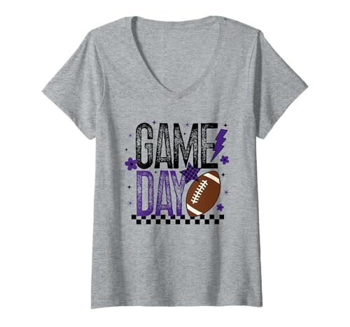 Damen Game Day Retro Fußballsaison lila & schwarz Lightning Bolt T-Shirt mit V-Ausschnitt Damen Game Day Retro Fußballsaison lila & schwarz Lightning Bolt T-Shirt mit V-Ausschnitt von Game Day T-Shirt Co.