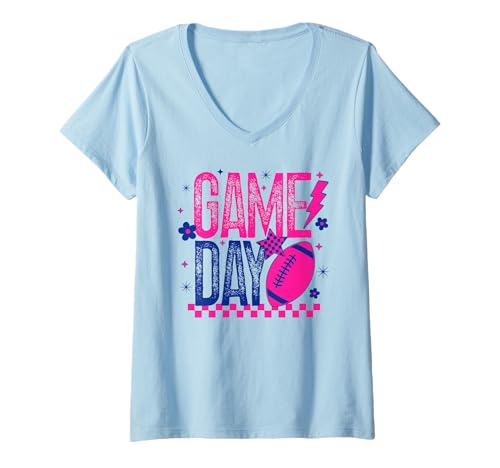 Damen Game Day Retro-Fußballsaison rosa und blau kariert Geschenk T-Shirt mit V-Ausschnitt Damen Game Day Retro-Fußballsaison rosa und blau kariert Geschenk T-Shirt mit V-Ausschnitt von Game Day T-Shirt Co.