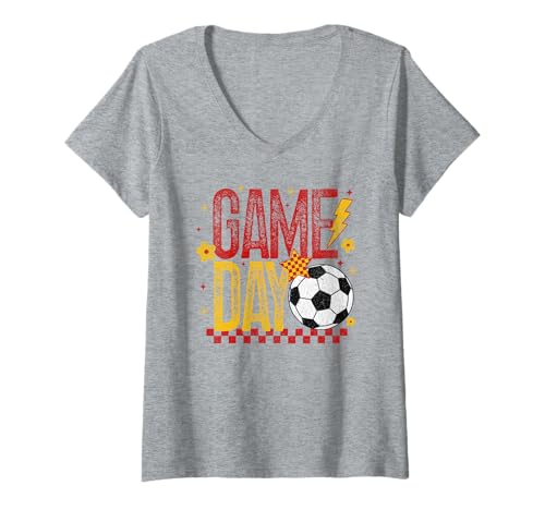 Damen Game Day Retro Soccer Season Rot Gold Gelb Touchdown T-Shirt mit V-Ausschnitt von Game Day T-Shirt Co.