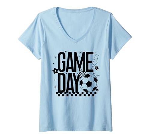 Damen Game Day Soccer Season Mom Retro Checkered Lightning Bolt T-Shirt mit V-Ausschnitt Damen Game Day Soccer Season Mom Retro Checkered Lightning Bolt T-Shirt mit V-Ausschnitt von Game Day T-Shirt Co.