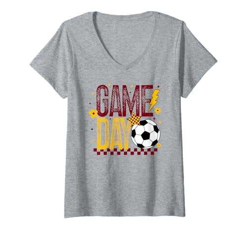 Damen Game Day Soccer Season Retro Kastanienbraun und Gold Touchdown T-Shirt mit V-Ausschnitt von Game Day T-Shirt Co.