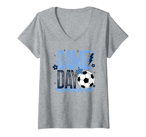 Damen Game Day Soccer Season Retro-Touchdown, hellblau, kariert T-Shirt mit V-Ausschnitt von Game Day T-Shirt Co.