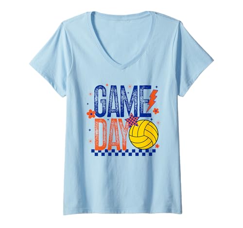 Damen Game Day Wasserball Mom Season Retro Blau und Orange T-Shirt mit V-Ausschnitt Damen Game Day Wasserball Mom Season Retro Blau und Orange T-Shirt mit V-Ausschnitt von Game Day T-Shirt Co.