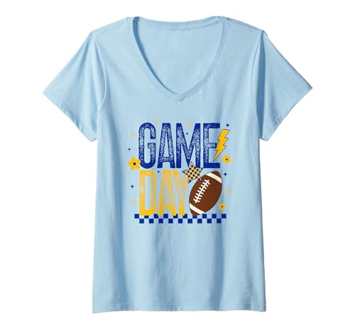 Damen Retro-Touchdown mit blaugoldfarbenem kariertem Retro-Touchdown am Spieltag der Fußballsaison T-Shirt mit V-Ausschnitt von Game Day T-Shirt Co.