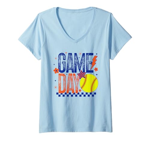 Damen Softball Game Day Mädchen Softball Player Orange & Blau Damen T-Shirt mit V-Ausschnitt von Game Day T-Shirt Co.
