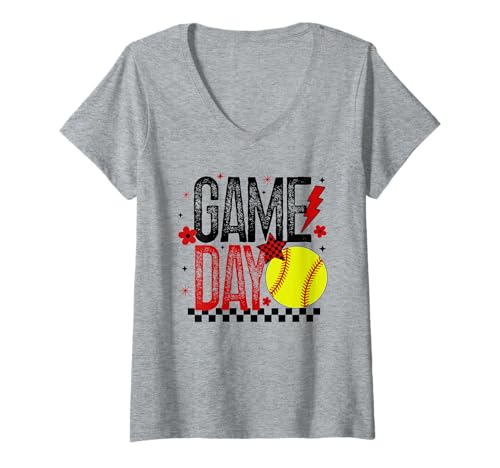 Damen Softball Game Day Mädchen Softball Player Rot & Schwarz Damen T-Shirt mit V-Ausschnitt von Game Day T-Shirt Co.