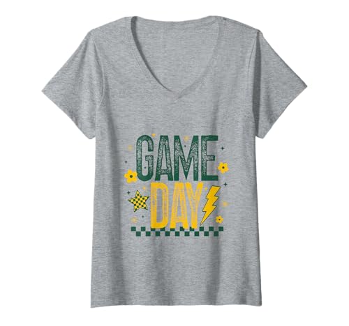 Damen Spieltag Fußballsaison Retro Green Gold Checker Sports T-Shirt mit V-Ausschnitt Damen Spieltag Fußballsaison Retro Green Gold Checker Sports T-Shirt mit V-Ausschnitt von Game Day T-Shirt Co.