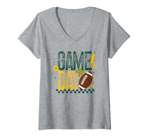 Damen Spieltag Fußballsaison Retro Green Gold Checker Touchdown T-Shirt mit V-Ausschnitt Damen Spieltag Fußballsaison Retro Green Gold Checker Touchdown T-Shirt mit V-Ausschnitt von Game Day T-Shirt Co.