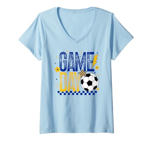 Damen Spieltag Fußballsaison Retro-Touchdown mit blaugoldfarbenem Karomuster T-Shirt mit V-Ausschnitt von Game Day T-Shirt Co.