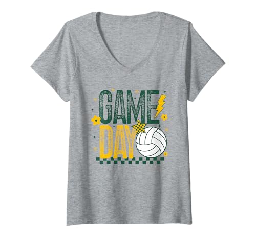 Damen Volleyball Game Day Retro Mädchen Volleyball Mama Grün & Gold T-Shirt mit V-Ausschnitt von Game Day T-Shirt Co.