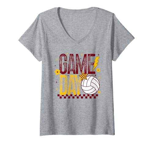 Damen Volleyball Game Day Retro Mädchen Volleyball Mama Kastanienbraun & Gold T-Shirt mit V-Ausschnitt von Game Day T-Shirt Co.