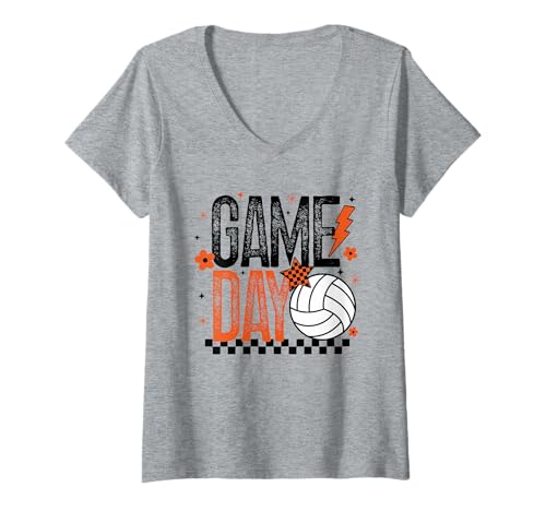 Damen Volleyball Game Day Retro Mädchen Volleyball Mama Orange Schwarz T-Shirt mit V-Ausschnitt von Game Day T-Shirt Co.