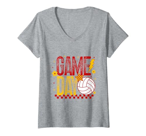 Damen Volleyball Game Day Retro Mädchen Volleyball Mama Rot & Gold T-Shirt mit V-Ausschnitt von Game Day T-Shirt Co.