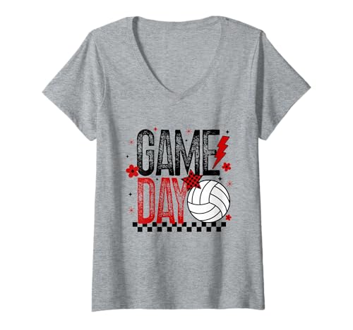 Damen Volleyball Game Day Retro Mädchen Volleyball Mama Rot & Schwarz T-Shirt mit V-Ausschnitt von Game Day T-Shirt Co.