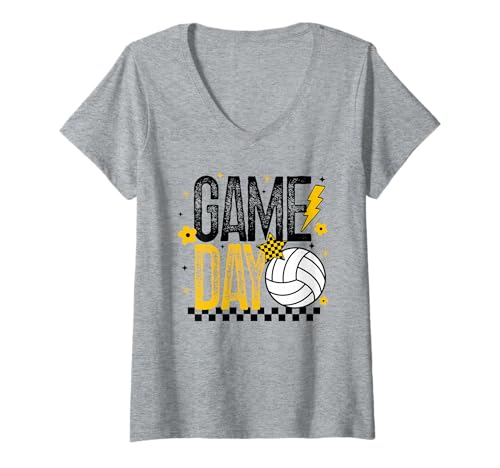 Damen Volleyball Game Day Retro Mädchen Volleyball Mama Schwarz & Gold T-Shirt mit V-Ausschnitt von Game Day T-Shirt Co.