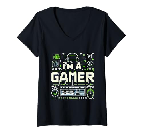 Damen Ich Bin EIN Gamer Vibe mit Gaming-Ausrüstung T-Shirt mit V-Ausschnitt Damen Ich Bin EIN Gamer Vibe mit Gaming-Ausrüstung T-Shirt mit V-Ausschnitt von GameCore Apparel