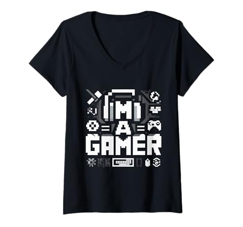 Damen Ich Bin EIN Gamer Retro Pixels T-Shirt mit V-Ausschnitt von GamePulse Wear