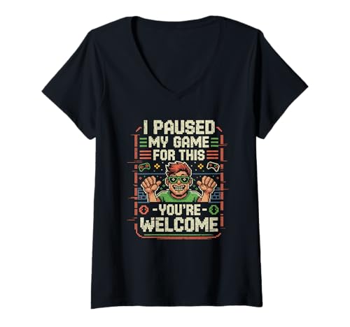 Damen Ich Habe Mein Spiel für diesen lustigen Gamer im Retro-Pixel-Stil pausiert T-Shirt mit V-Ausschnitt Damen Ich Habe Mein Spiel für diesen lustigen Gamer im Retro-Pixel-Stil pausiert T-Shirt mit V-Ausschnitt von GamePulse