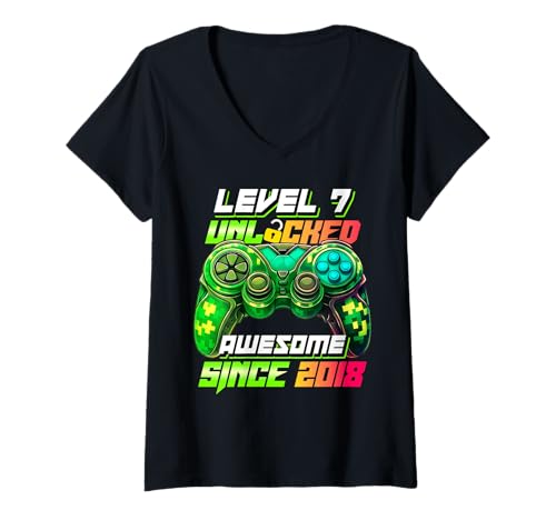 Damen Level 7 freigeschaltet Fantastisches Spiel seit dem 7. Geburtstag 2018 T-Shirt mit V-Ausschnitt von Gamer 7th Birthday Gifts 7 Years Old Shirts