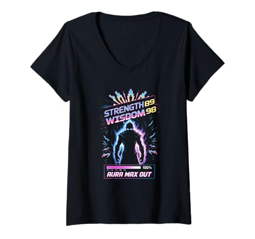 Damen Stärke 89 Weisheit 98 Aura Max Out Weisheit Gaming Anime T-Shirt mit V-Ausschnitt Damen Stärke 89 Weisheit 98 Aura Max Out Weisheit Gaming Anime T-Shirt mit V-Ausschnitt von Gamer Anime Futuristische Aura Power Lovers Grafik