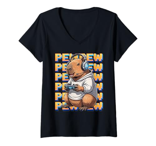 Damen Cute Gaming Capybara Pew Videospiel-Grafik T-Shirt mit V-Ausschnitt Damen Cute Gaming Capybara Pew Videospiel-Grafik T-Shirt mit V-Ausschnitt von Gamer Capybara Pew Video Game Graphic Co.